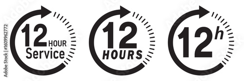 12 hours service icon vector set. 12 hours service duration sign. 12 hours clock arrow icons, work and delivery time symbols.  12hr support sign collection. hours clock arrow on white background.