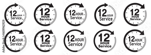 12 hours service icon vector set. 12h duration sign. 12 hours clock arrow icons, work and delivery time symbols.  12hr support sign collection. 12 hours icon vector set.
