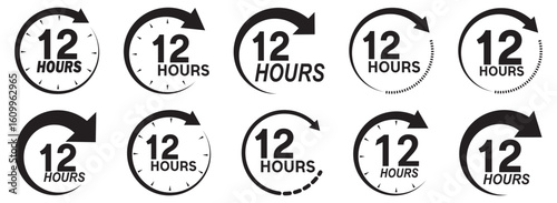 12 hours service icon vector set. 12h duration sign. 12 hours clock arrow icons, work and delivery time symbols.  12hr support sign collection. 12 hours icon vector set.