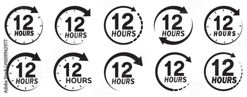 12 hours service icon vector set. 12h duration sign. 12 hours clock arrow icons, work and delivery time symbols.  12hr support sign collection. 12 hours icon vector set.