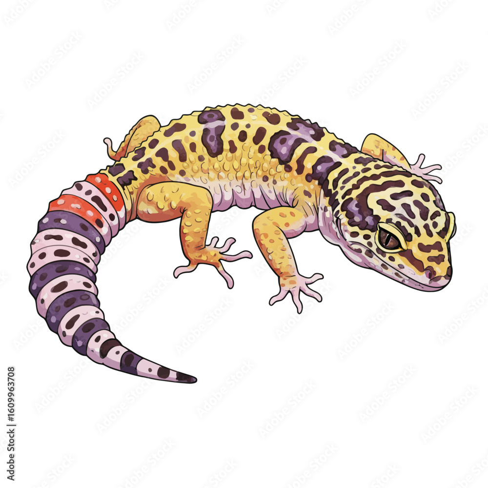 Fototapeta premium Colorful Leopard Gecko Illustration Isolated on White Background Detailed Reptile Pet Lizard Art