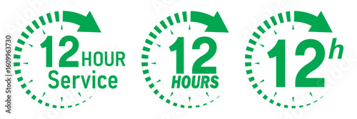Green 12 hours service icon set. Green 12 hours service duration sign. Twelve hour delivery clock icon graphic. 12 hours clock arrow icons,12 hr delivery time symbols. Shipping delivery symbol.