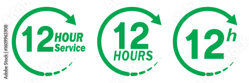 Green 12 hours service icon set. Green 12 hours service duration sign. Twelve hour delivery clock icon graphic. 12 hours clock arrow icons,12 hr delivery time symbols. Shipping delivery symbol.