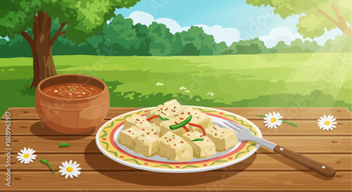 Tasty dish of tofu with chili served on a wooden table outdoors  