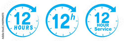Blue 12 hours service icon set. Blue 12 hours service duration sign. Twelve hour delivery clock icon graphic. 12 hours clock arrow icons,12 hr delivery time symbols. Shipping delivery symbol. 