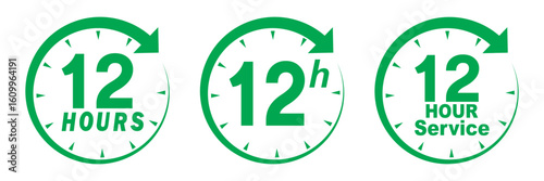 Green 12 hours service icon set. Green 12 hours service duration sign. Twelve hour delivery clock icon graphic. 12 hours clock arrow icons,12 hr delivery time symbols. Shipping delivery symbol.