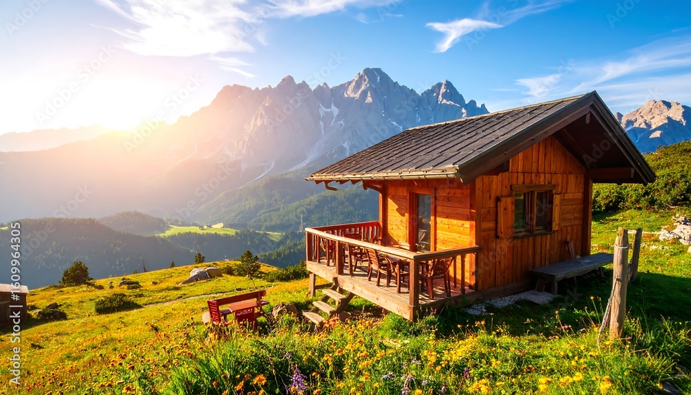 Fototapeta premium Mountaintop cabin nestled in wildflowers, bathed in golden sunlight