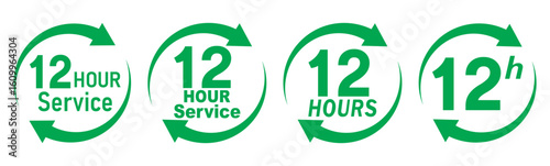 Green 12 hours service icon set. 12 hours service duration sign. Twelve hour delivery clock icon graphic. Green 12 hours clock arrow icons,12 hr delivery time symbols. Shipping delivery symbol. 