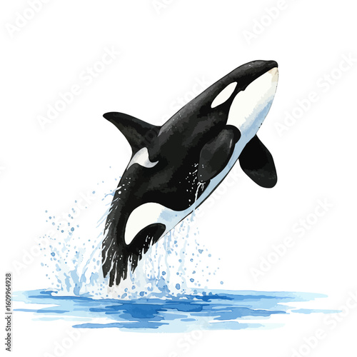Dynamic watercolor illustration of a majestic killer whale breaching from the ocean water