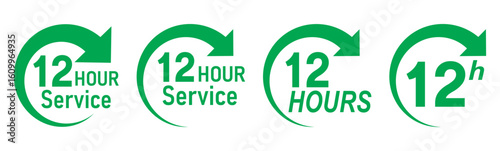 Green 12 hours service icon set. 12 hours service duration sign. Twelve hour delivery clock icon graphic. Green 12 hours clock arrow icons,12 hr delivery time symbols. Shipping delivery symbol. 