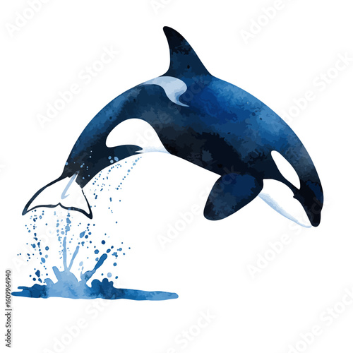 Dynamic watercolor illustration of a majestic orca killer whale jumping with water splash