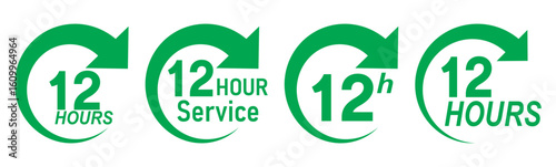 Green 12 hours service icon set. 12 hours service duration sign. Twelve hour delivery clock icon graphic. Green 12 hours clock arrow icons,12 hr delivery time symbols. Shipping delivery symbol. 
