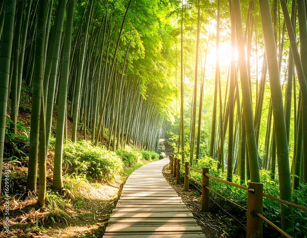 Obraz premium Sunlit bamboo grove path