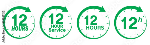 Green 12 hours service icon set. 12 hours service duration sign. Twelve hour delivery clock icon graphic. Green 12 hours clock arrow icons,12 hr delivery time symbols. Shipping delivery symbol. 