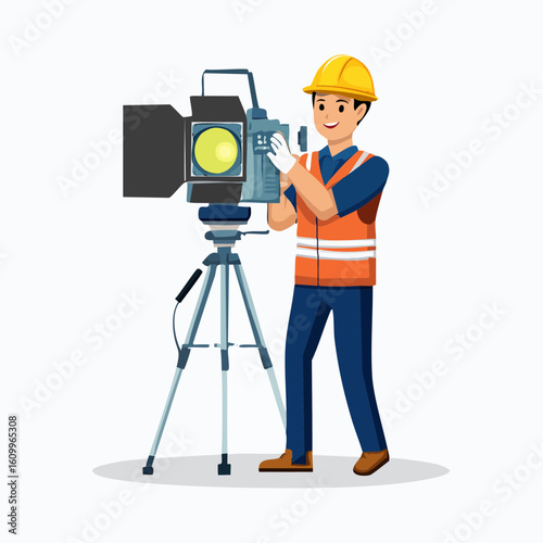 Film Crew Member Operating a Professional Movie Light