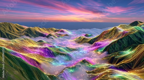 Dreamy Landscape: Mountains, Sunset, Neon Lights, and Clouds