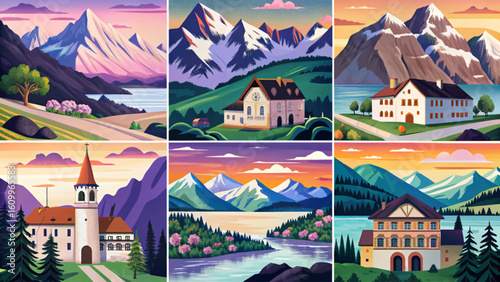 set of swiss alps mountains in the summer at sunset time, cartoon design Flat style illustration vector banner, peaks landscape	