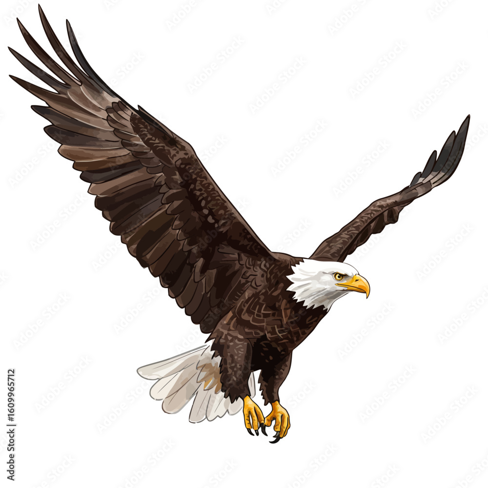Fototapeta premium Majestic Bald Eagle in Flight with Wings Spread Isolated on White Background