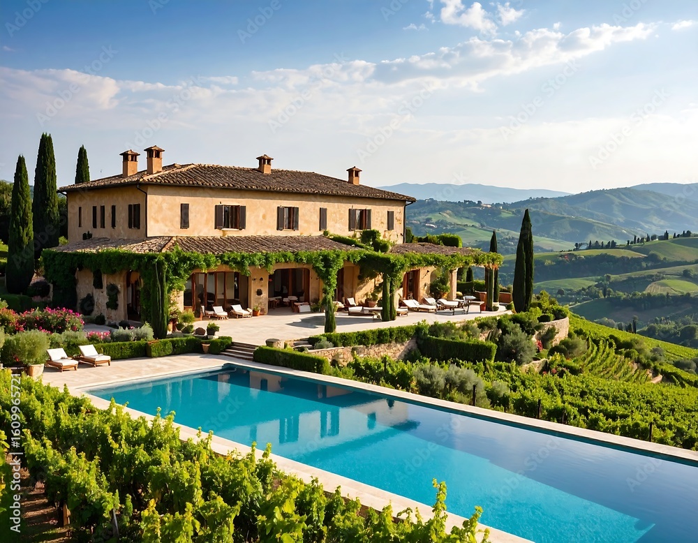 Fototapeta premium Italian villa with pool overlooking vineyards