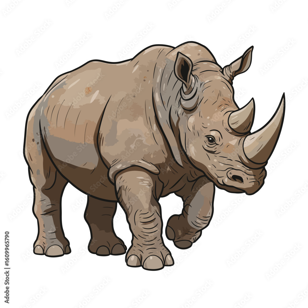 Fototapeta premium Powerful African Rhinoceros Wildlife Animal Illustration Isolated White Background
