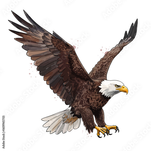 Majestic Bald Eagle in Flight Illustration with Spread Wings and White Background Wildlife Art