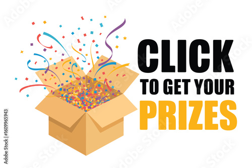 Unbox excitement and win big with vibrant confetti bursting from a prize box, inviting immediate engagement and rewarding success with a clear call to action.