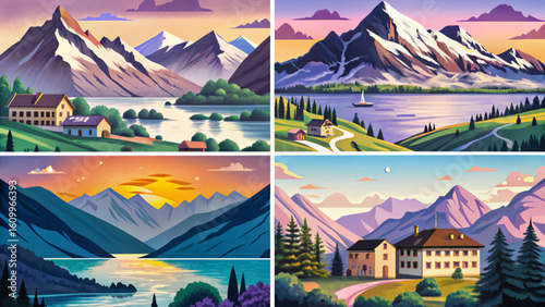 set of swiss alps mountains in the summer at sunset time, cartoon design Flat style illustration vector banner, peaks landscape	