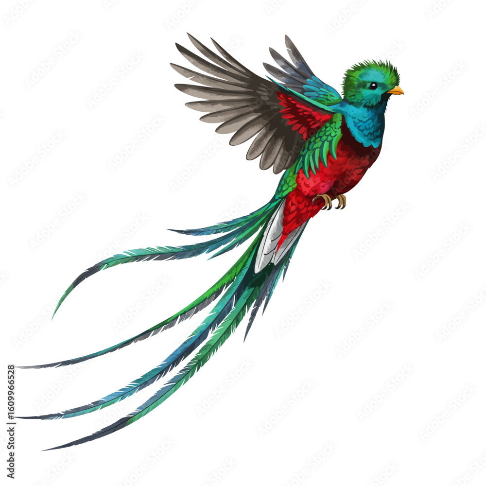 Fototapeta premium Vibrant Resplendent Quetzal Bird Flying with Long Tail Feathers Isolated Digital Art