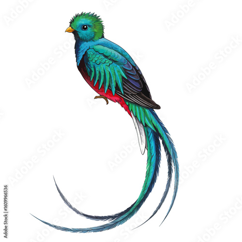 Vibrant Resplendent Quetzal Bird Illustration with Long Tail Feathers on White Background Tropical W