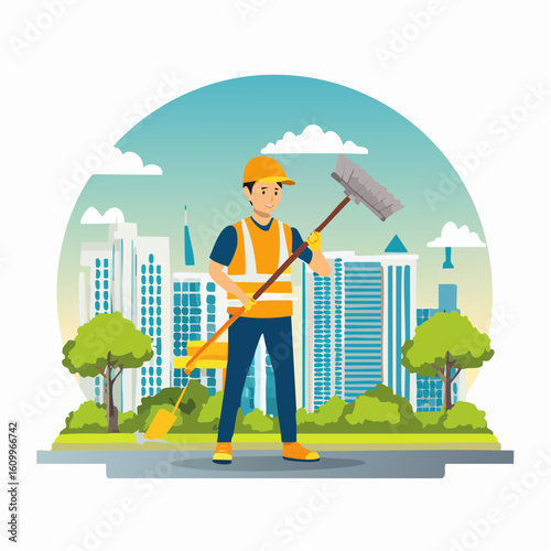 Cartoon City Worker Sweeping the Street with Broom and Shovel