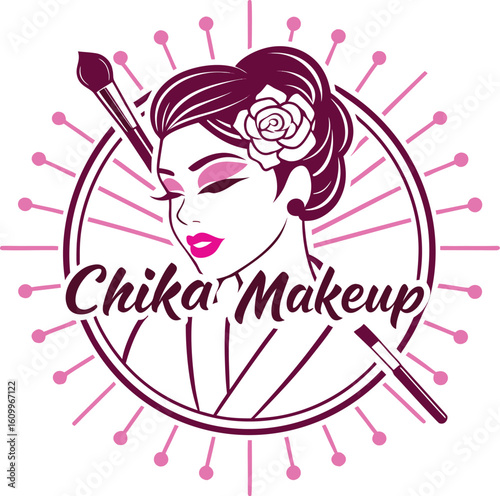 Elegant vintage inspired illustration of a beautiful woman with a flower in her hair and makeup brushes for a chic beauty salon or brand