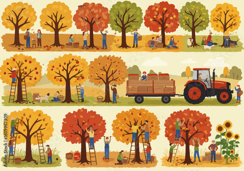 A whimsical illustration depicting an autumn apple harvest with people picking apples, having picnics, and a tractor hauling crates.