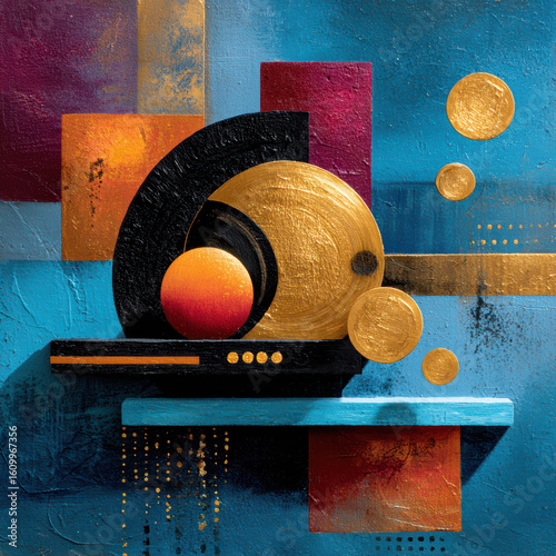 Abstract geometric painting featuring gold, black, blue, and orange spheres and rectangles with textured and layered design.