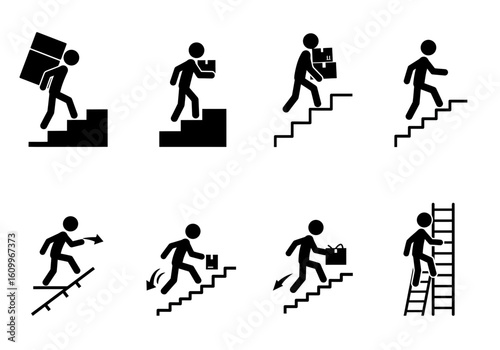 A set of stick figure icons depicting various actions of climbing stairs and ladders, some carrying objects.
