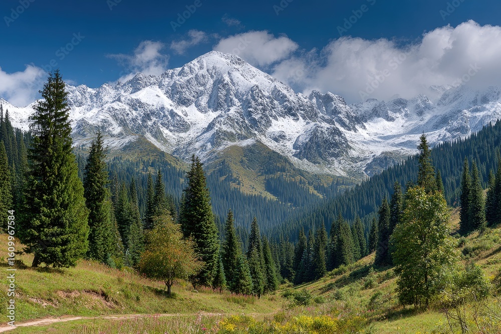 Fototapeta premium Snowy mountain peak, lush valley