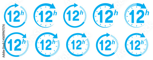 12 hours service icon vector set. 12 hours service duration sign. Vector Set of Hour Labels. 12 hours clock arrow icons, work and delivery time symbols. Blue 12 hours service icon set. Blue 12 hours 