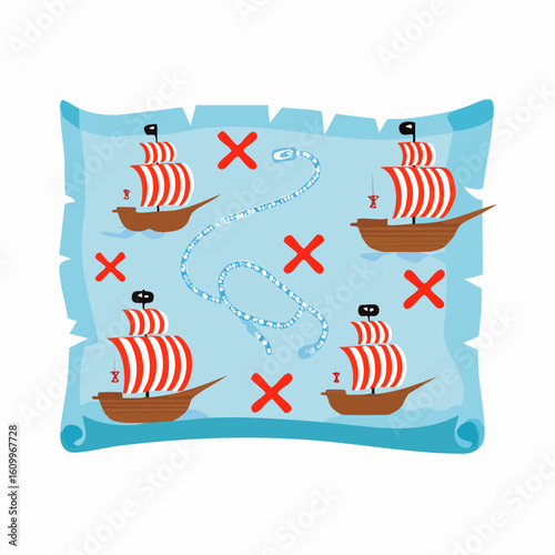 Treasure Map Depicting Pirate Ships Route and Marked Locations