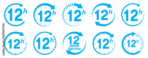 Blue 12 hours service icon set. Blue 12 hours service duration sign. Twelve hour delivery clock icon graphic. 12 hours clock arrow icons,12 hr delivery time symbols. Shipping delivery symbol. 