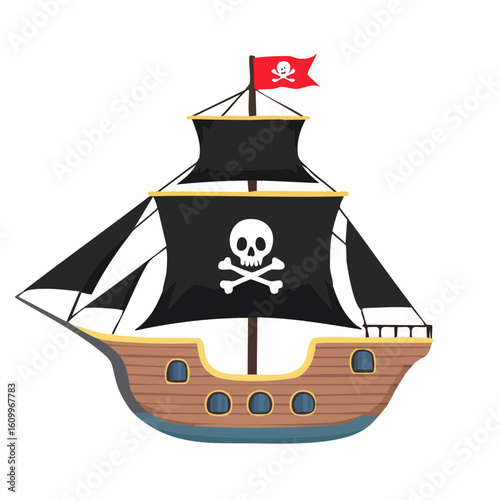 Jolly Roger Pirate Ship with Skull and Crossbones Flag