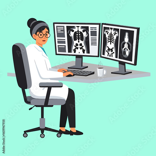 Female radiologist at a workstation analyzing human skeletal x-ray scans on computer monitors for medical diagnosis.