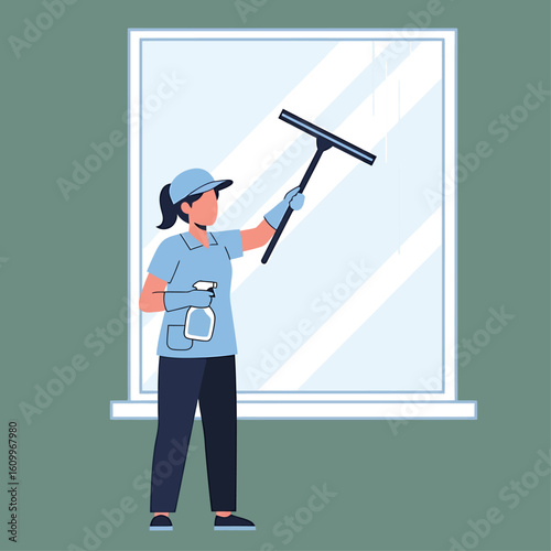 A professional housekeeping service employee in uniform cleans a glass window with a squeegee. Vector illustration of a janitorial worker.