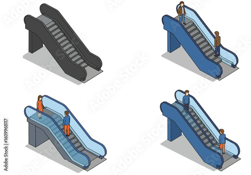 Four isometric illustrations showcase escalators in different colors, some with people riding them, against a white background.