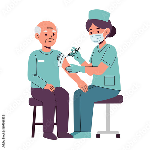 Elderly Man Receiving Vaccination from Nurse - Healthcare Illustration