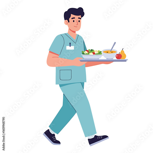 Friendly male nurse in scrubs carrying a tray with a healthy patient meal of salad and soup. Hospital nutrition and care concept.