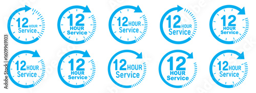 12 hours service icon vector set. 12 hours service duration sign. Vector Set of Hour Labels. 12 hours clock arrow icons, work and delivery time symbols. Blue 12 hours service icon set. Blue 12 hours 