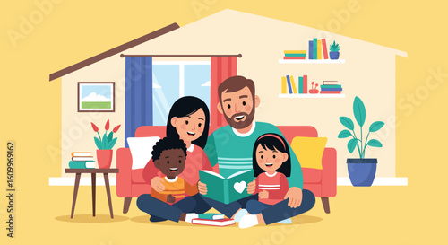 Happy family reading a book together at home. Perfect for family blogs, websites, and children's book illustrations.