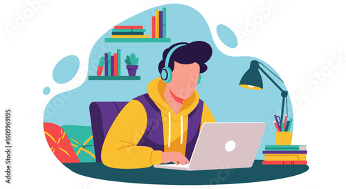 Young man working from home on laptop, perfect for remote work, online education, or freelance lifestyle articles.
