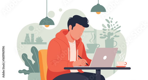 Young man working on laptop in a cafe, perfect for illustrating remote work, freelance, or digital nomad lifestyle.