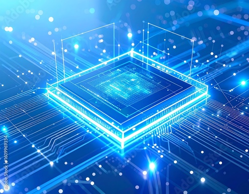 High-tech CPU on circuit board.  Glowing blue lines and lights highlight the central processing unit, showcasing intricate circuit design