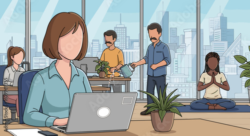 Modern office workers in a diverse team enjoying a balanced work-life integration, perfect for a company brochure or wellbeing campaign.